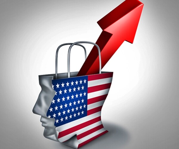 shopping bag in profile of male american consumer with red arrow shooting upward