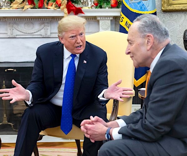 donald trump gestures with both hands in admonishing chuck schumer in the oval office