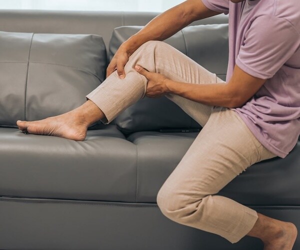 man sitting with legs up on couch holding his calf