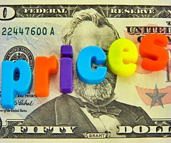  lower case colorful letters making the word ' prices ' sloping upwards