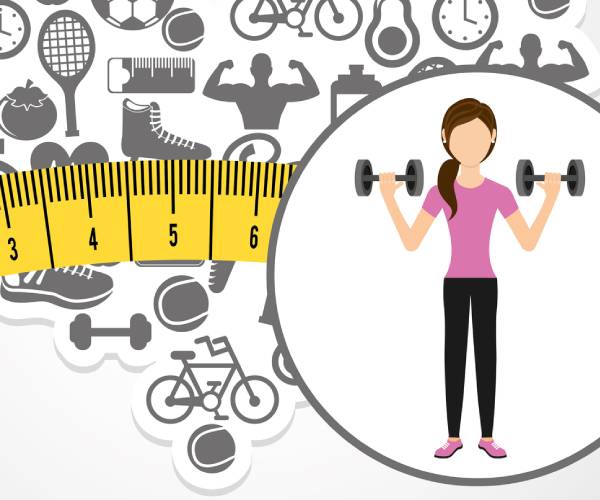 illustration of a woman working out with weights with other exercise images surrounding her