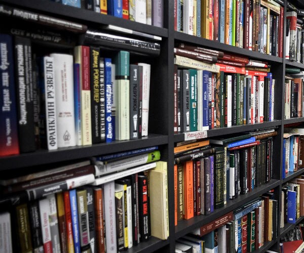 books are seen on book shelves