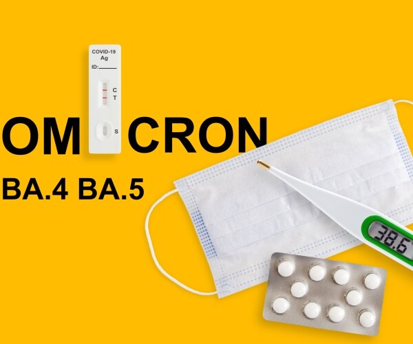 mask that says BA.4, BA.5 on it, thermometer showing a high temp, test positive for COVID