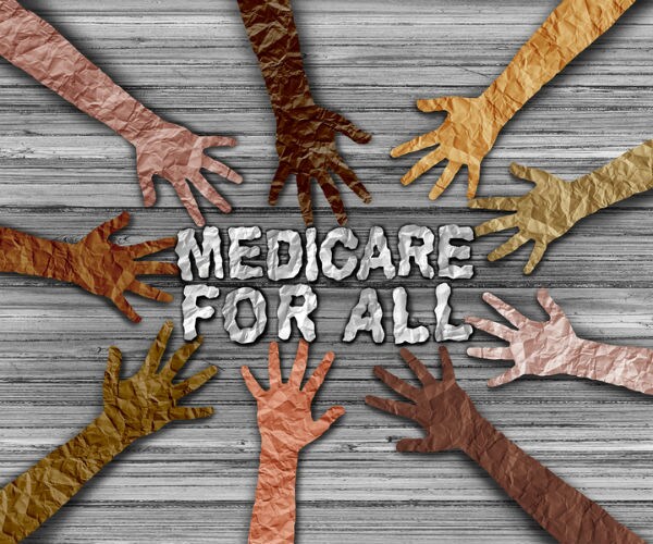 illustration of arms reaching for the words medicare for all