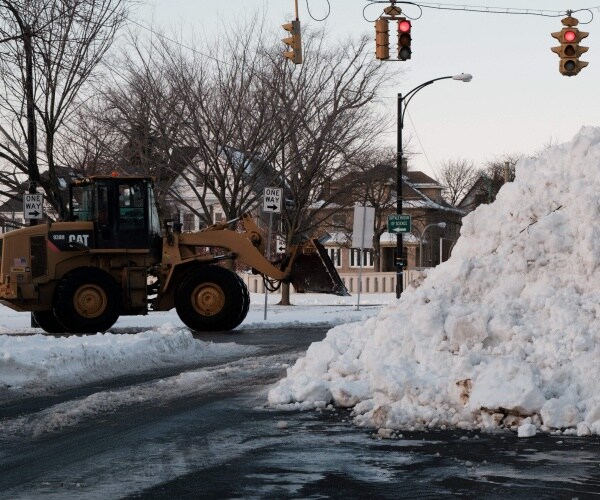 an excavator piles up snow on a road