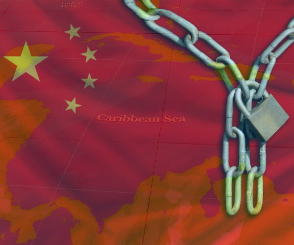 a map of the caribbean sea overlaid with the flag of the peoples republic of china