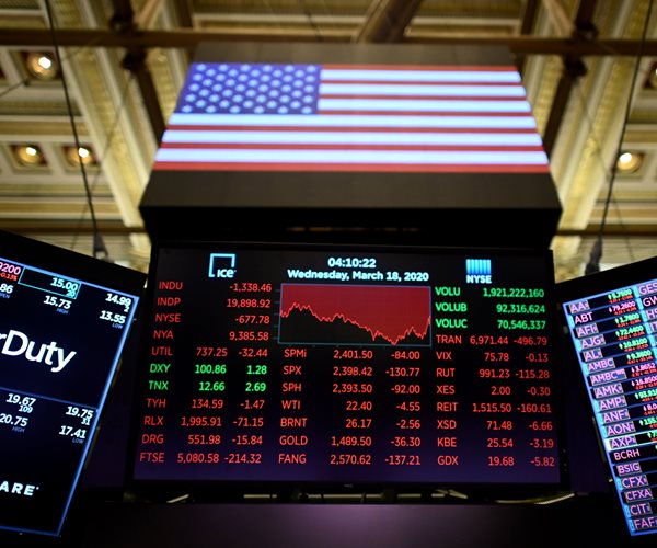 A screen shows the graph of the Dow industrial average