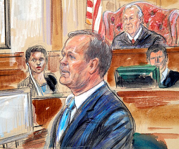 rick gates sits and speaks in a court testimony sketch