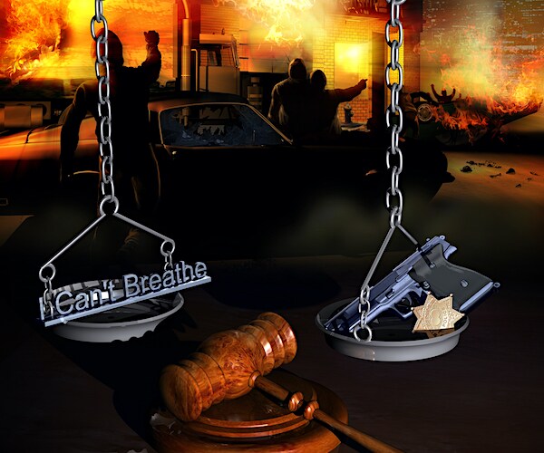 Abstract presentation of the upcoming trial on the death of George Floyd with riots in background