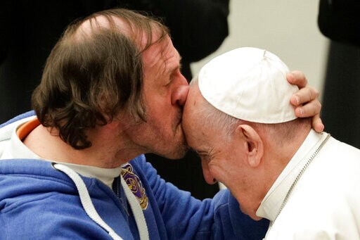 Pope Tenderly Kissed on Forehead by Man in Front-row Seat