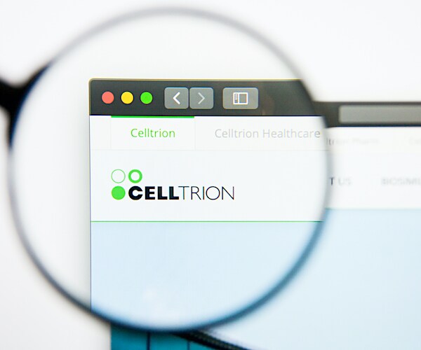 a website for celltrion is showing with a magnifying glass highlighting the logo