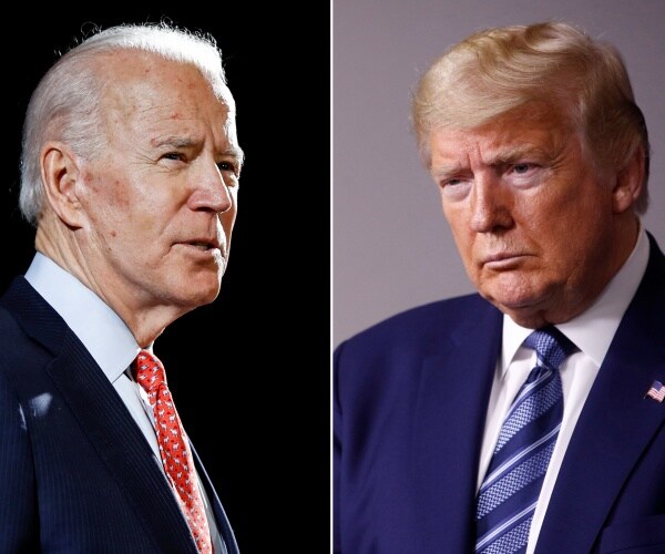 biden in a suit and red patterned tie and trump in a blue suit and tie
