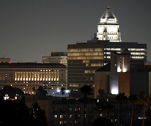 Los Angeles City Hall is seen in the dark of night in the city of angels