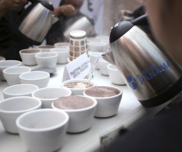 a bunch of coffee cups are being filled by people holding large pots of coffee