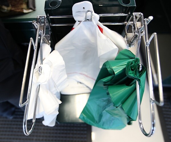 plastic bags at a check out station