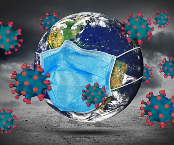 globe with mask, coronavirus particles 