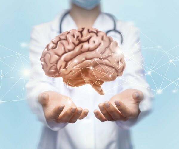 a scientist or doctor holding a model of a brain