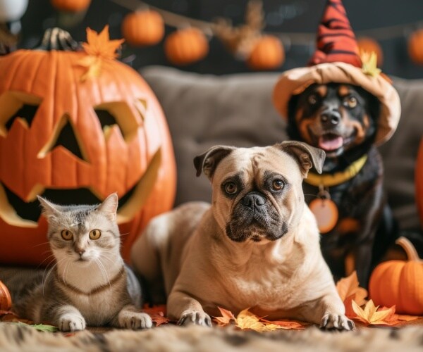 two dogs and a cat in front of pumpkins on Halloween