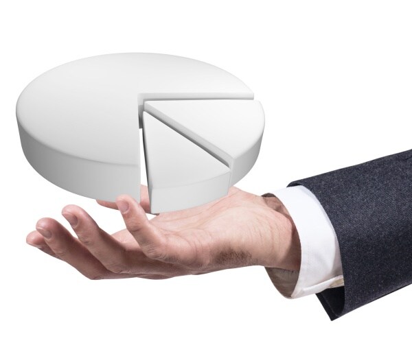 businessman`s hand showing white digital pie graph over white background