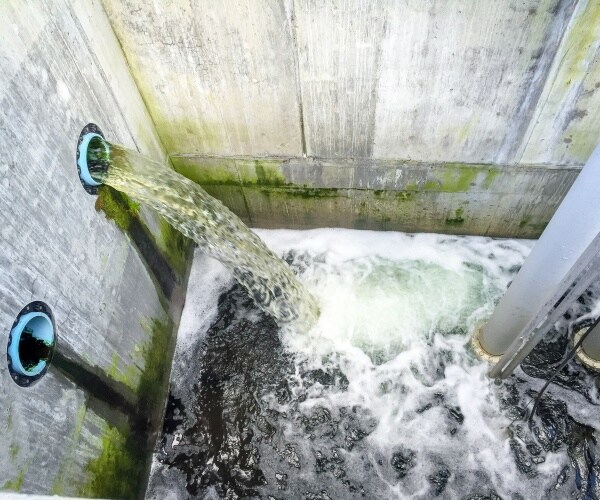 wastewater coming out of two pipes into a basin