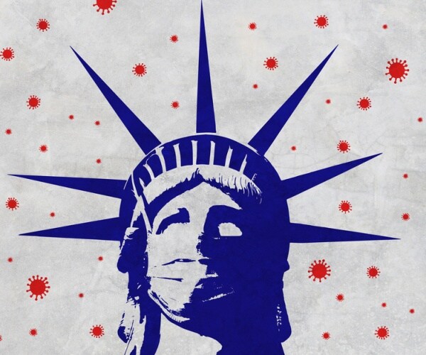 lady liberty wears a mask