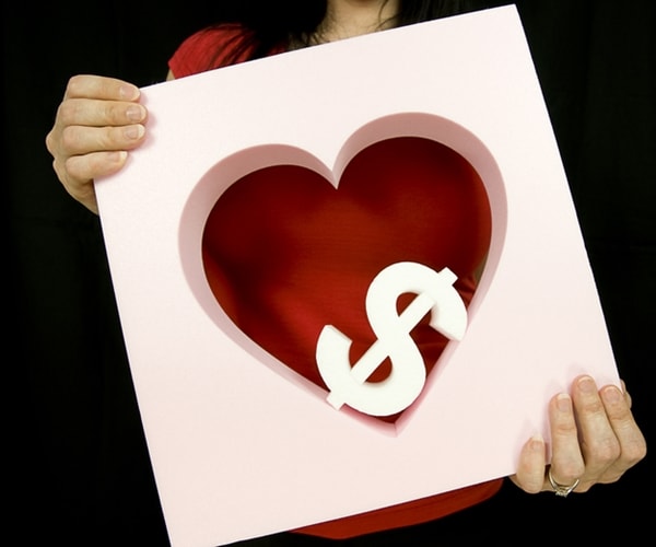 love money, dollar currency symbol inside a heart shape 
