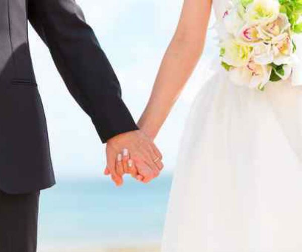 a graphic showing a bride and groom holding hand