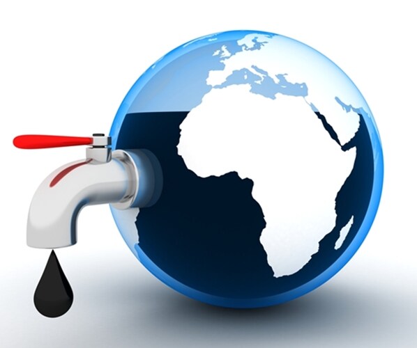 blue globe with spigot with red handle with one big oil drop