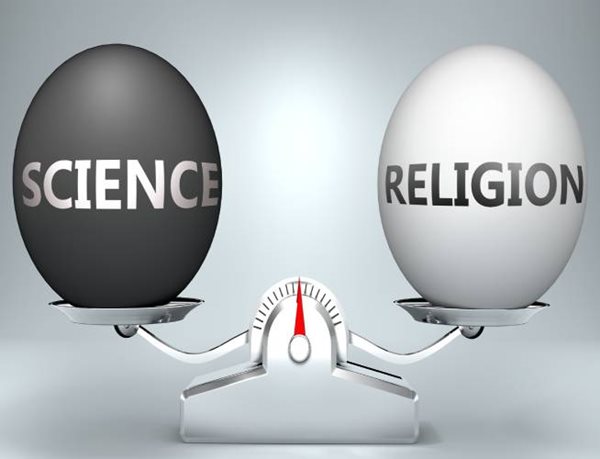 illustration of balls with science and religion balanced on a scale