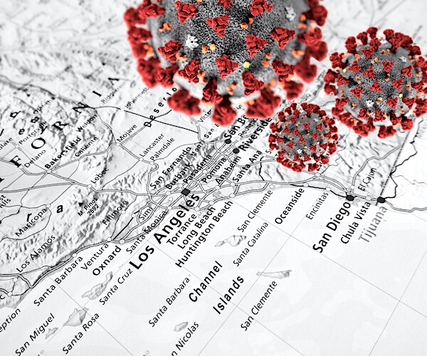 a map shows los angeles and a coronavirus graphic