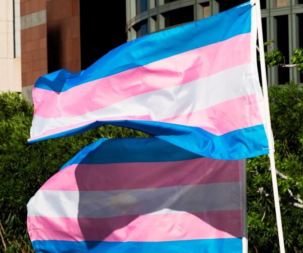 pink blue and white transgender flags are shown flying outside