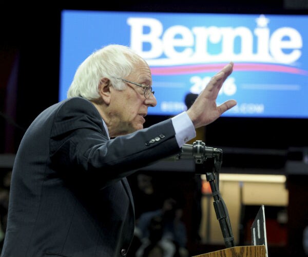sen. bernie sanders is shown speaking on the campaign trail