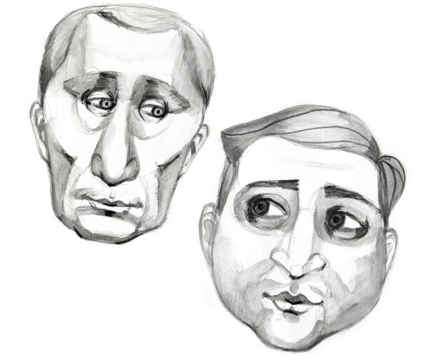 drawings of putin and zelensky looking at each other with a side eye