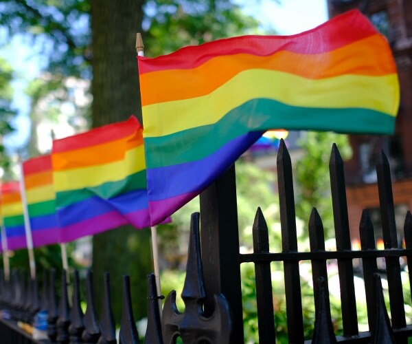 rainbow pride flags lined up on a gate