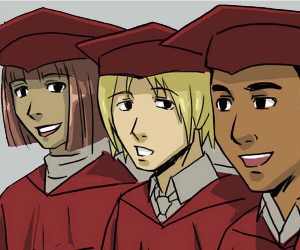 cartoon drawing of three graduates in caps and gowns