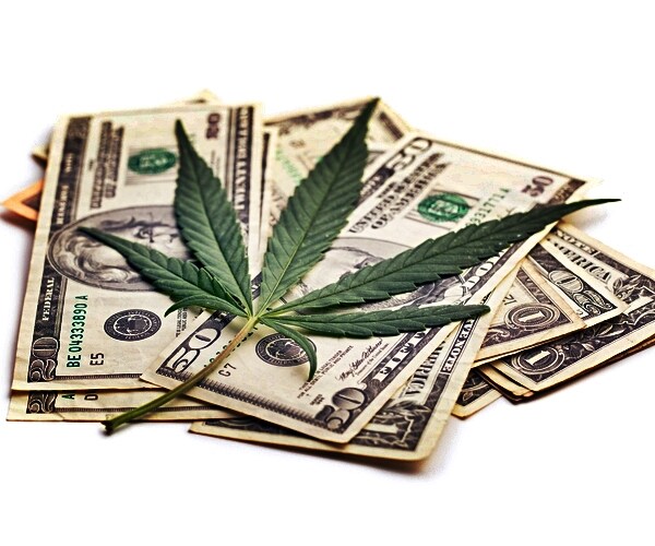 marijuana pot leaf and dollar bill currencies