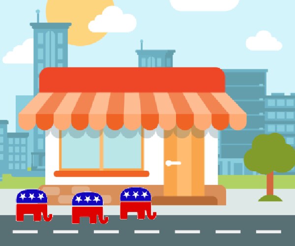 republican party elephant logos walking toward a small business