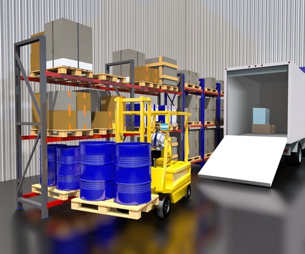 Forklift pallet carries with barrels of stock.