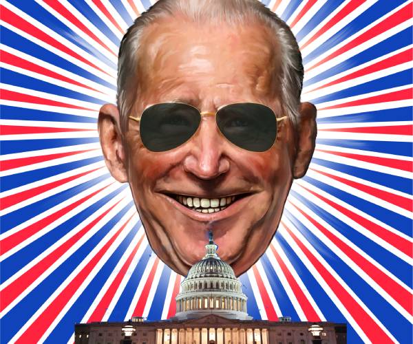 joe biden smiling with sunglasses and rays coming from his head suspended over the united states capitol building