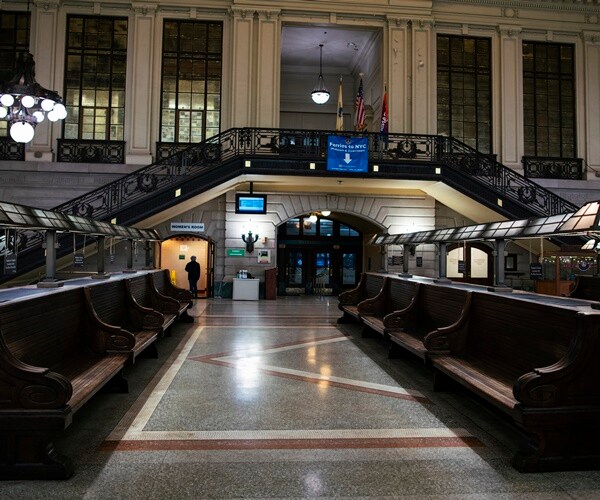 hoboken train station is empty due to a stay home order by  new jersey gov. phil murphy