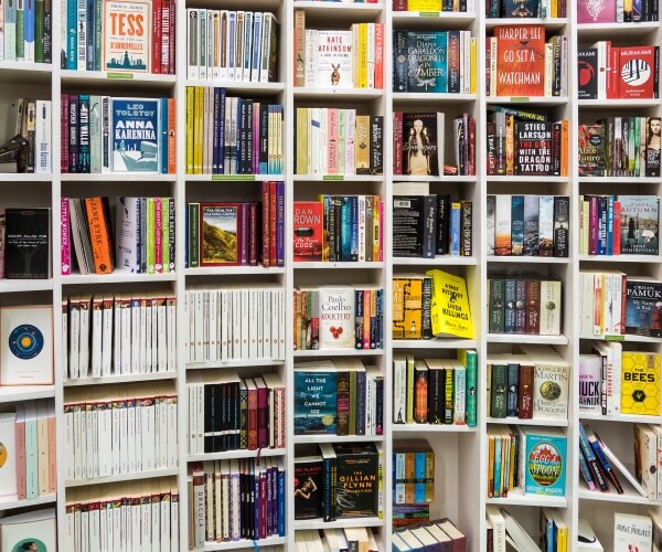 books shown in a white bookshelf