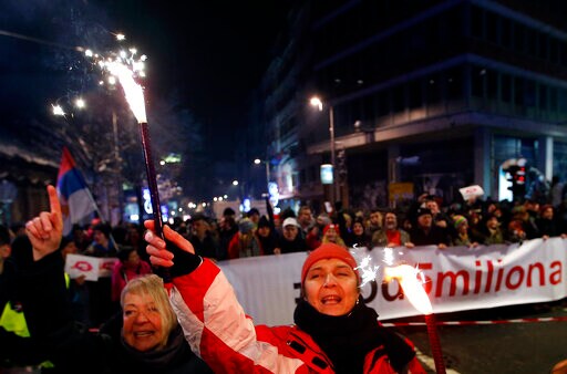 Thousands March through Snowy Streets for Serbian Democracy