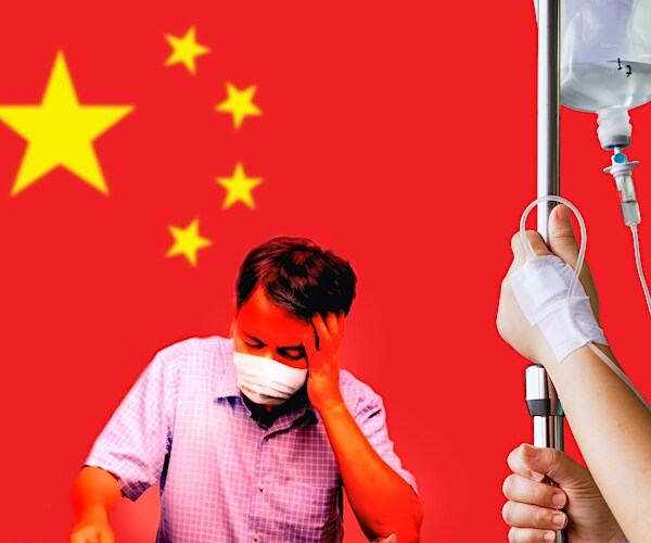 a man bows his head in anguish in an illustration with the china flag