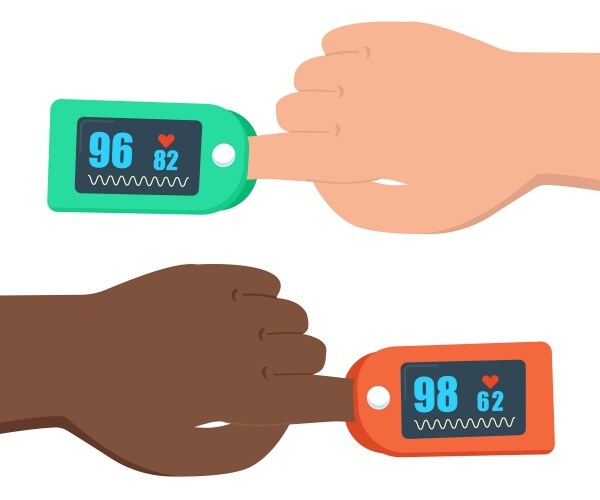 illustration of two different hands, one black, one white, being tested with a pulse oximeter