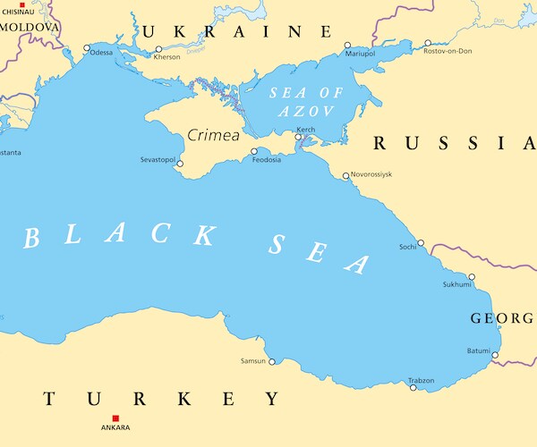 Black Sea and Sea of Azov region political map with capitals, most important cities, borders and rivers