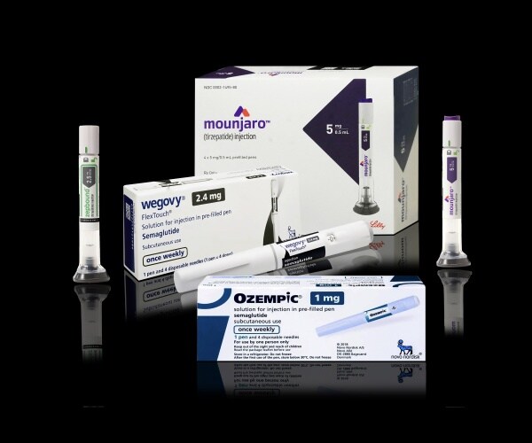 Ozempic, Wegovy and Mounjaro boxes of drugs