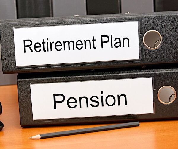 a graphic showing two binders with its bindings reading retirement and pension