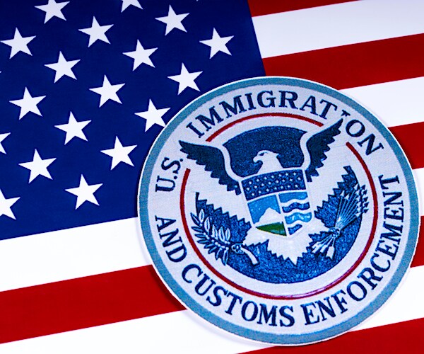 immigration and customs enforcement logo over an american flag
