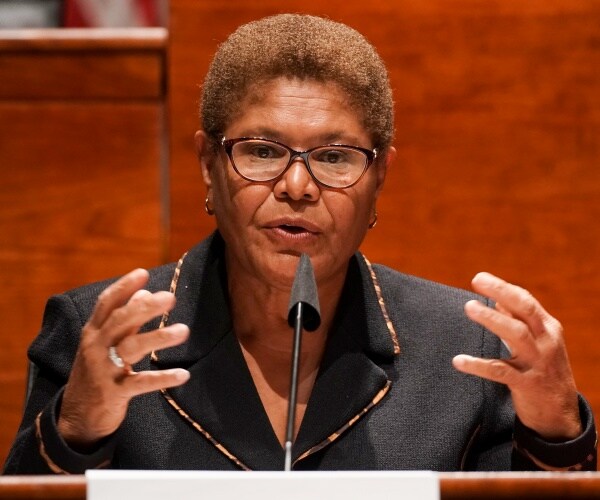 bass in a black coat speaking at a hearing