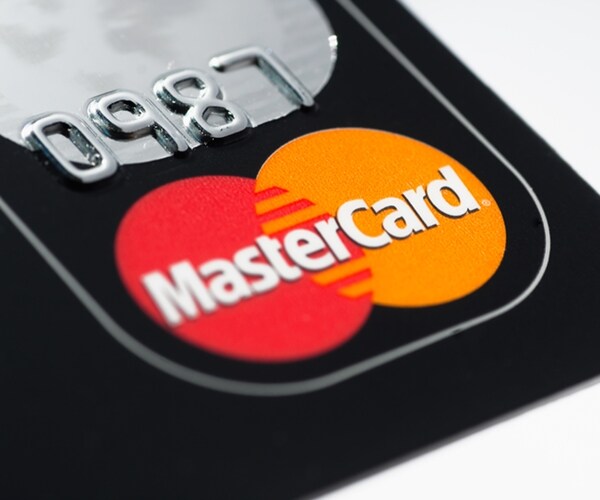 close up macro shot of a mastercard credit card. 

